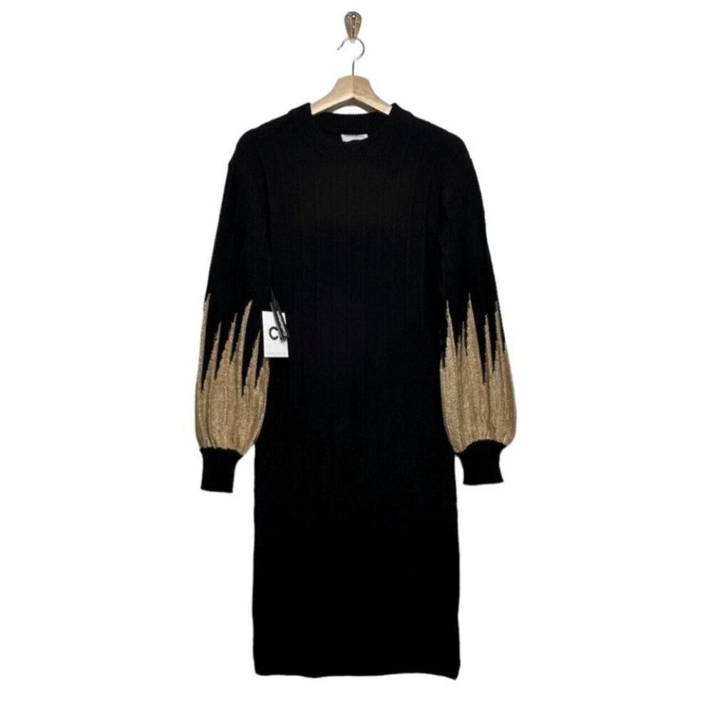 NWT Anthropologie Callahan Revolve Ribbed Melli Sweater Dress Black Gold Size XS